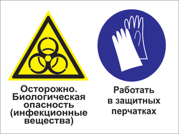 Кз 73осторожно - биологическая опасность (инфекционные вещества). работать в защитных перчатках. (пластик, 600х400 мм) - Знаки безопасности - Комбинированные знаки безопасности - vektorb.ru